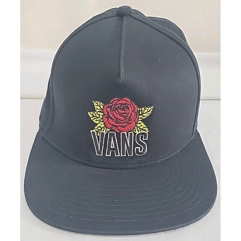 Vans Snapback Hat Black Embroidered Rose Flower Cap Skate Streetwear